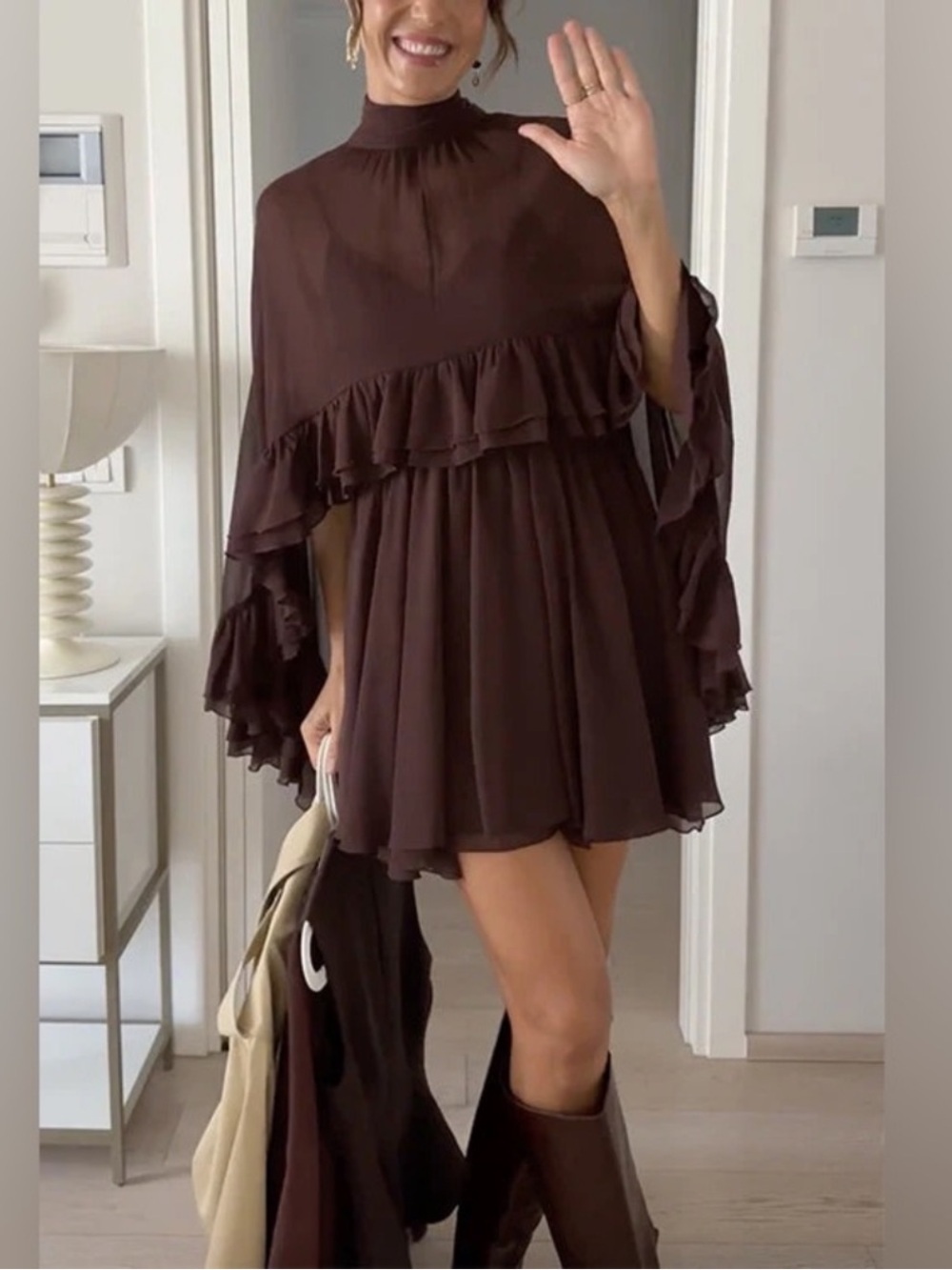 Commense Brown Ruffle Cape Dress